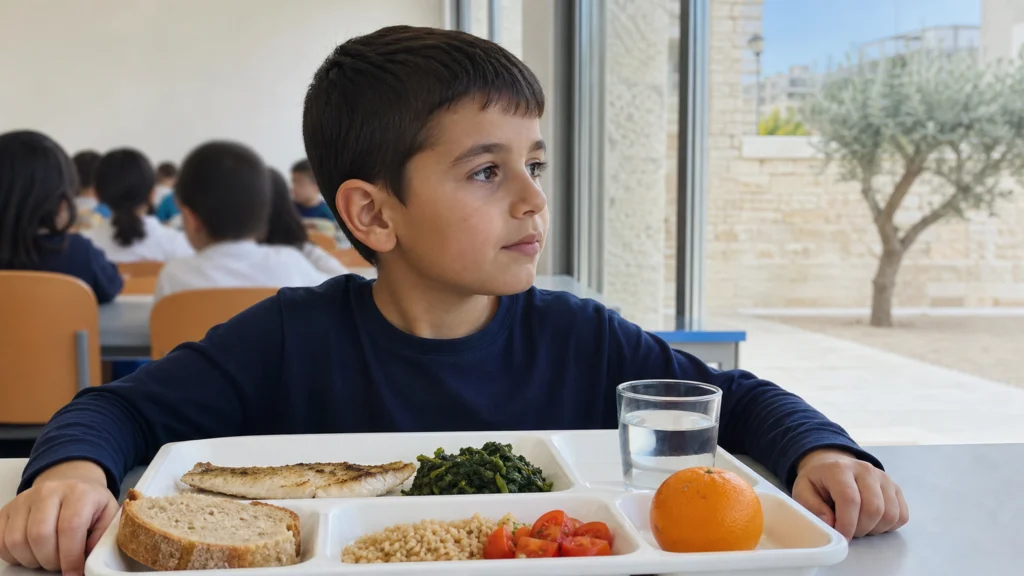 Plateau-repas méditerranéen équilibré devant un enfant dans une cantine scolaire des Pouilles