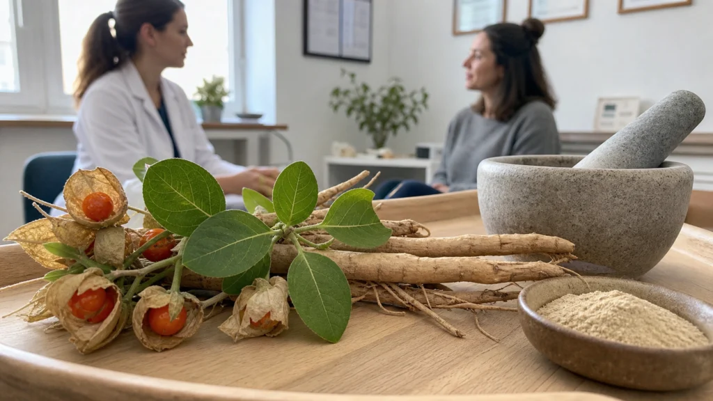 Racine et feuilles d’ashwagandha dans un contexte de conseil médical prudent