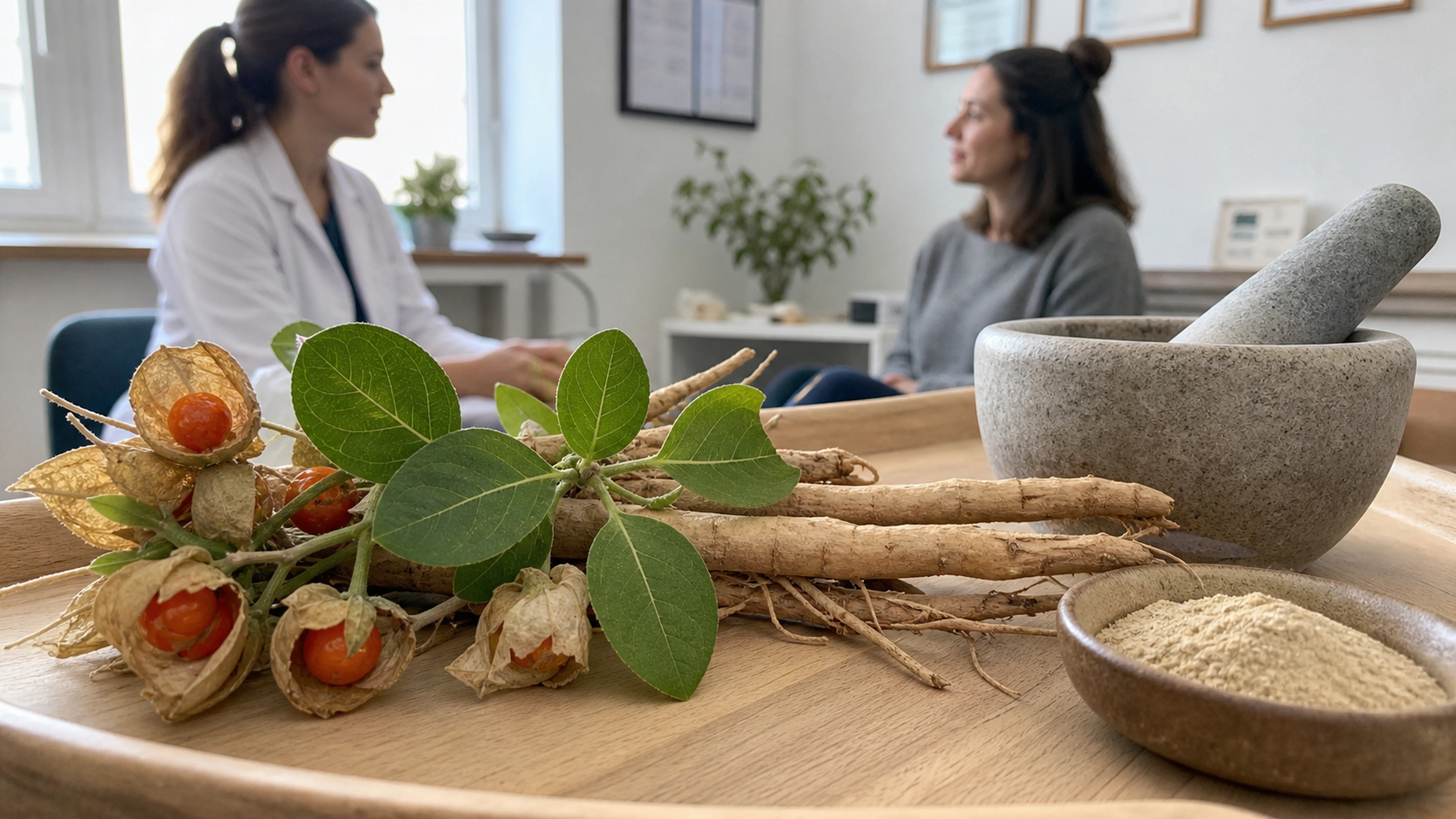 Racine et feuilles d’ashwagandha dans un contexte de conseil médical prudent