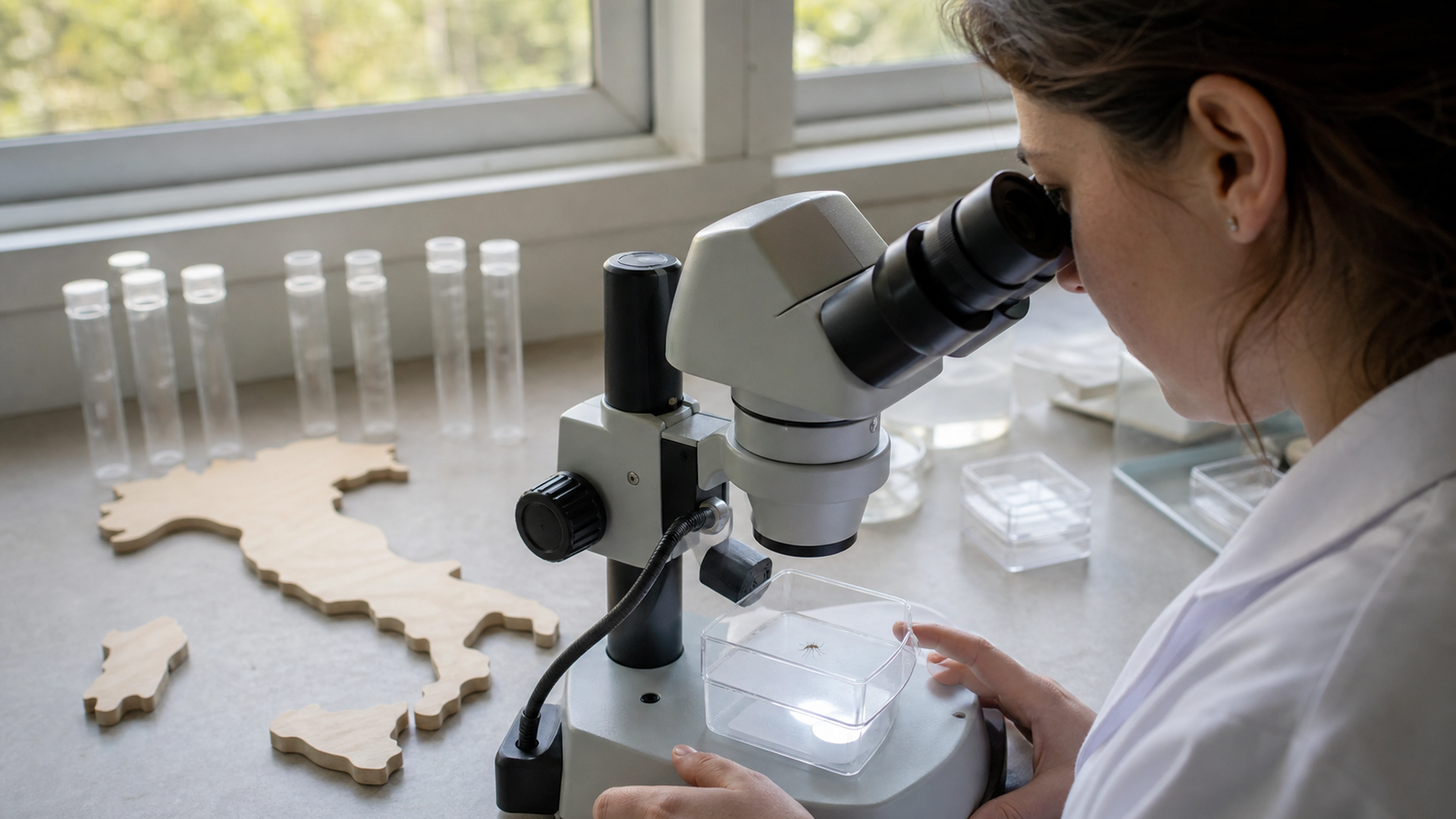 Entomologiste examinant un moustique anophèle dans un laboratoire de surveillance en Italie