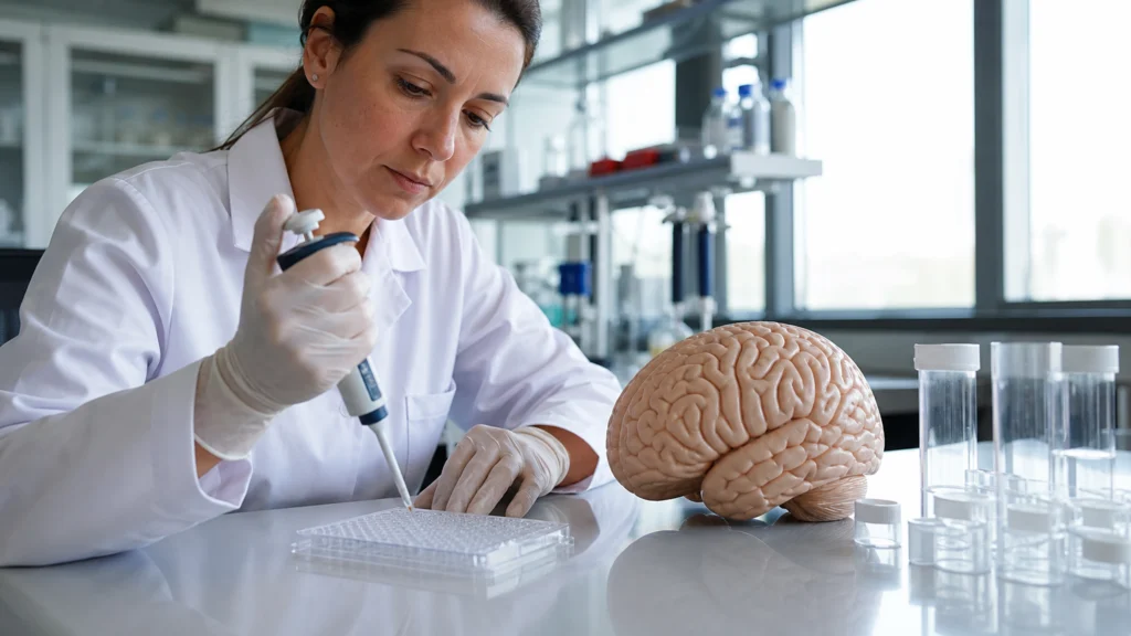 Neuroscientifique étudiant un échantillon près d’un modèle anatomique du cerveau
