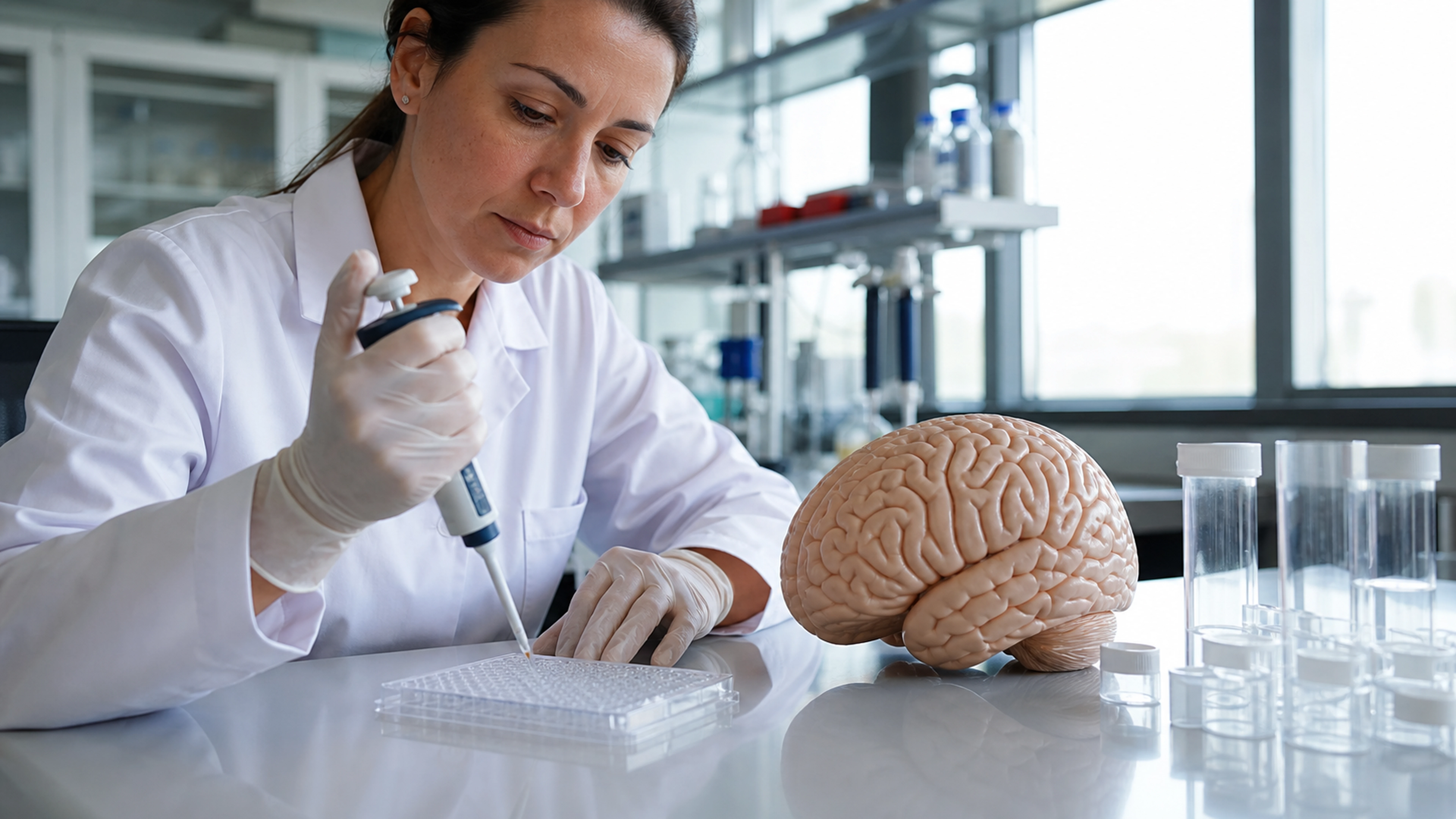 Neuroscientifique étudiant un échantillon près d’un modèle anatomique du cerveau