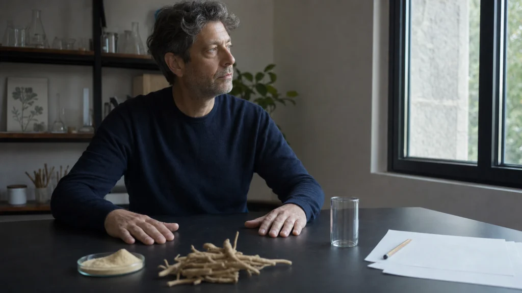 Chercheur faisant une pause devant des racines d’ashwagandha dans un bureau lumineux