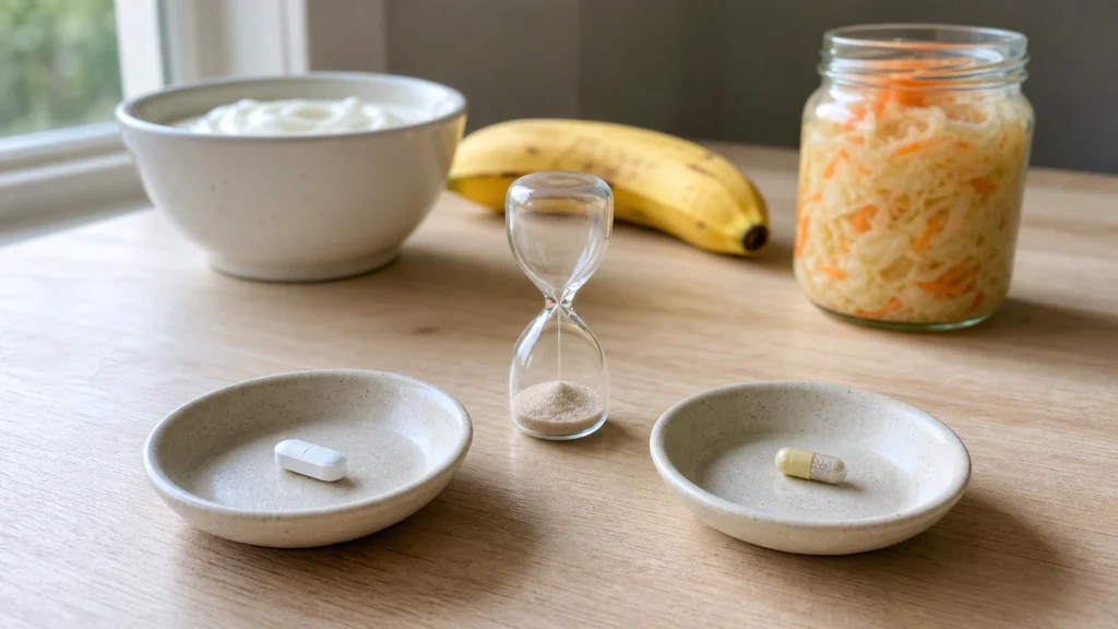 Comprimé antibiotique et capsule probiotique séparés par un sablier sur une table