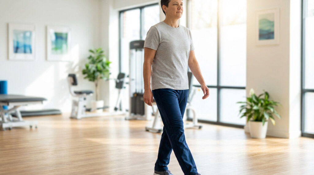 A person in athletic wear walks with calm determination in a sunlit physical therapy center, signifying progress and recovery.
