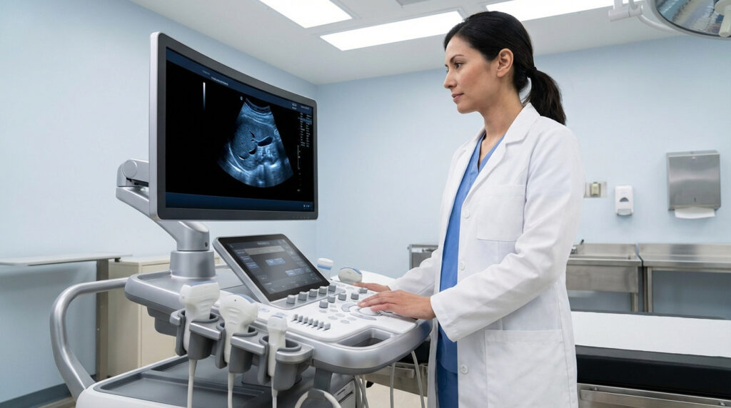 Médecin femme en blouse blanche utilisant un échographe moderne. L'écran montre une image d'échographie abdominale.