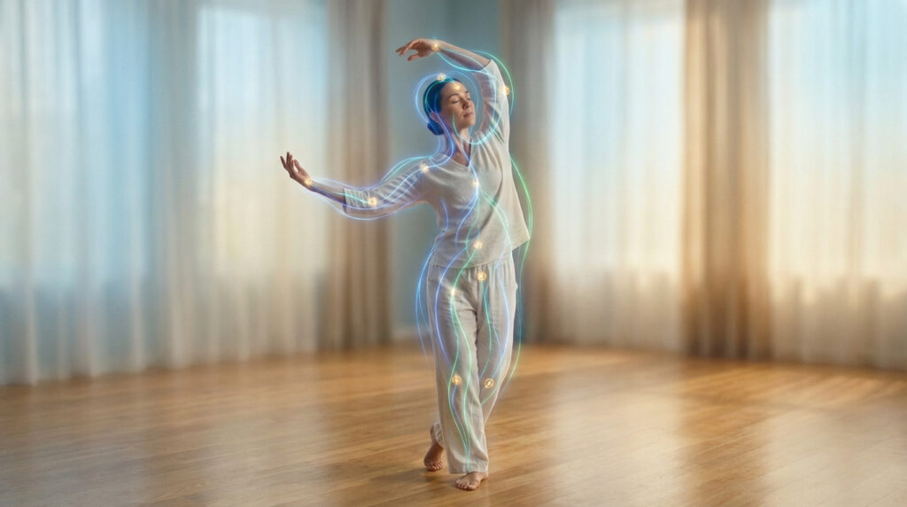 Photorealistic image: Woman meditating, glowing blue/green meridian lines & golden points on body in a serene studio.