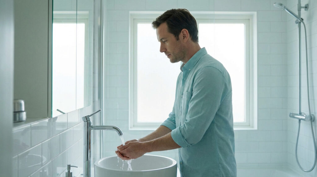 Un homme se lave les mains au-dessus d'un lavabo dans une salle de bain moderne et lumineuse avec des carreaux blancs.