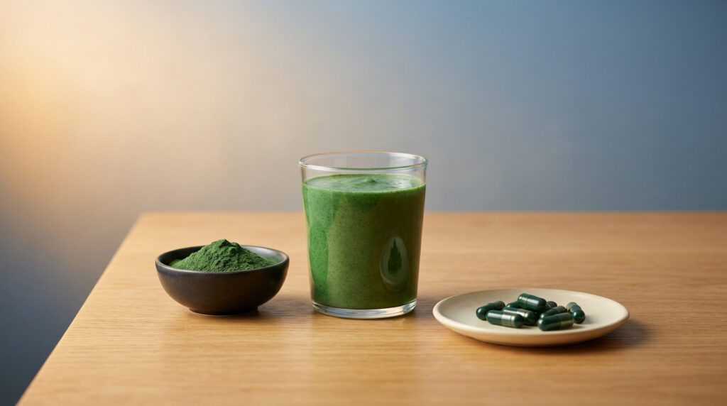 A glass of vibrant green spirulina smoothie, a bowl of powder, and capsules on a dish, on a wooden table with a warm golden to blue background.