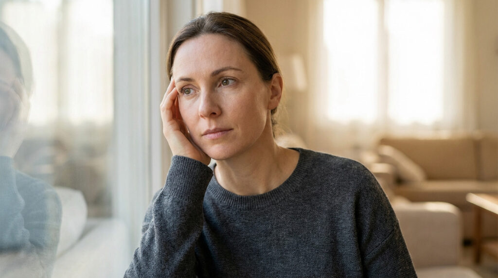 Mid-adult woman, pensive, hand to temple, gazing out a window. Soft light, blurred warm background. Conveys introspection.