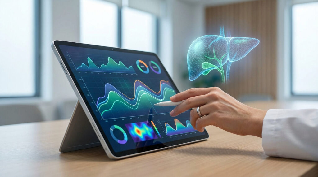 Main de professionnel de santé utilisant une tablette affichant des données médicales et un modèle 3D du foie.