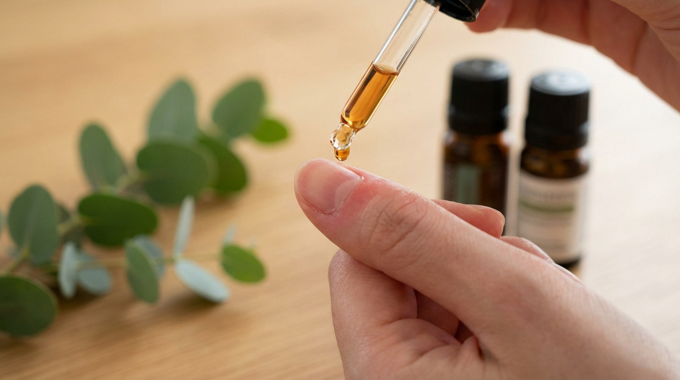 Goutte d'huile essentielle tombant d'une pipette sur un doigt rouge, potentiellement un panaris. Flacons d'huiles et feuille de plante en arrière-plan.