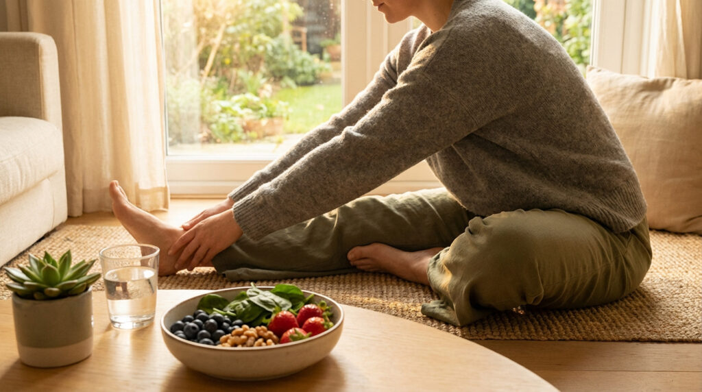 Personne s'étirant doucement au sol, près d'une fenêtre. Un bol de fruits, légumes, noix et un verre d'eau sont sur la table.