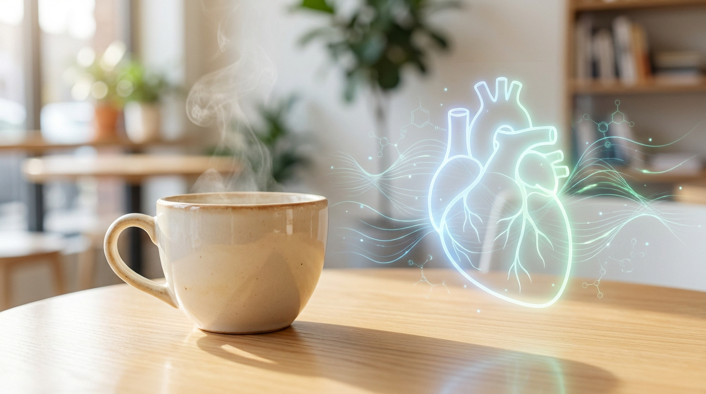 Tasse de café fumante sur table en bois, avec cœur humain numérique lumineux et motifs moléculaires en arrière-plan flou.