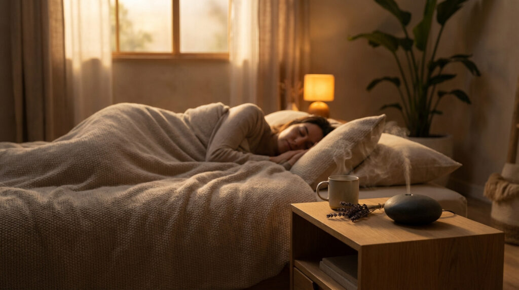 Une femme dort profondément dans un lit douillet, près d'un diffuseur d'huiles essentielles et de lavande sur une table de chevet.