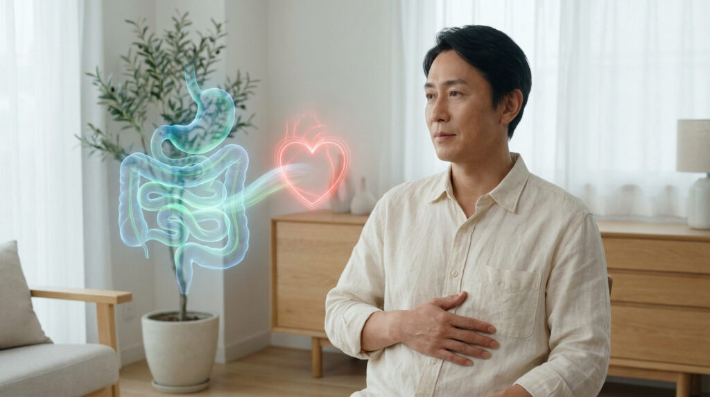 Un homme avec des organes digestifs et un cœur lumineux holographiques, illustrant la connexion entre l'intestin et le cœur.