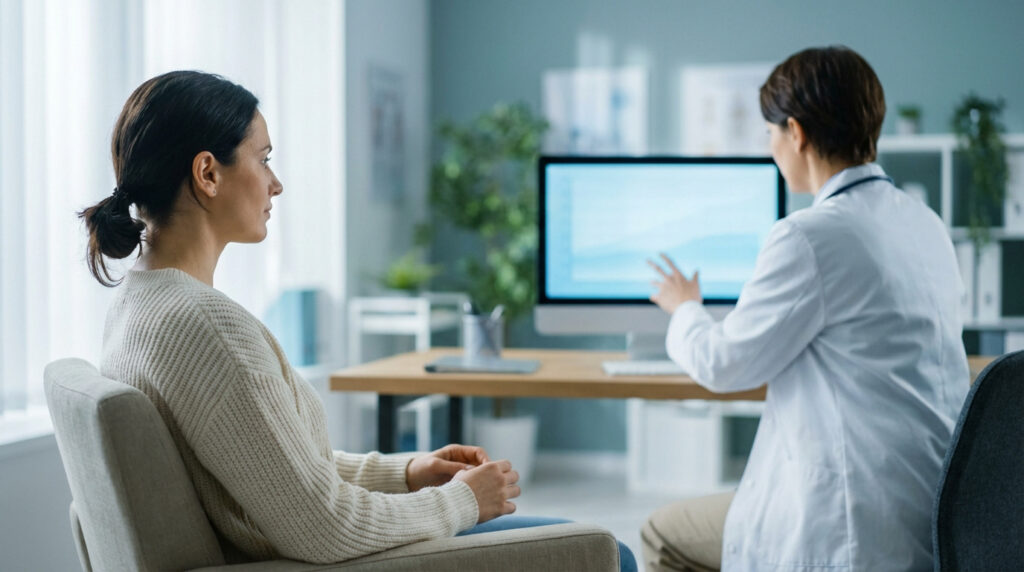 Femme en pull clair écoutant attentivement un médecin en blouse blanche qui pointe un écran d'ordinateur en consultation.