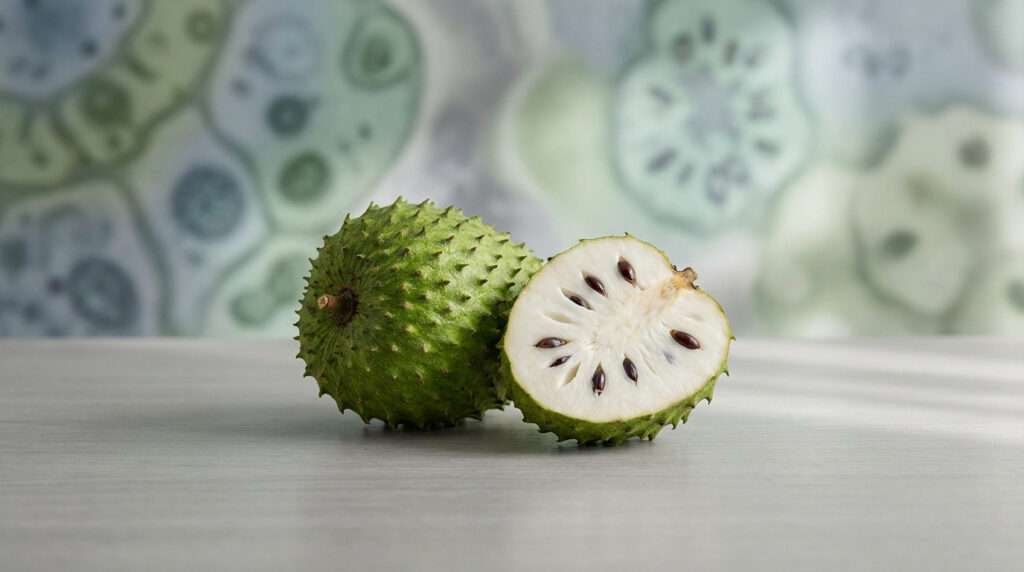 Corossol entier et un demi-fruit révélant la pulpe blanche et les graines sombres sur une table en bois clair.
