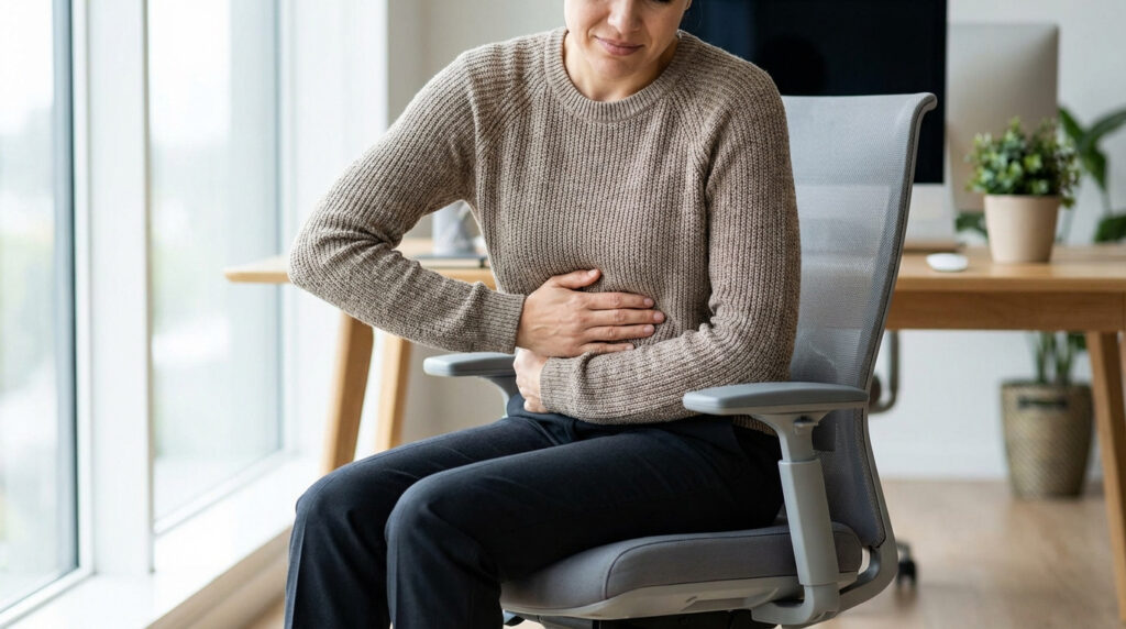 Femme assise dans un bureau, mains sur le flanc gauche, grimaçante de douleur, potentiellement costale.