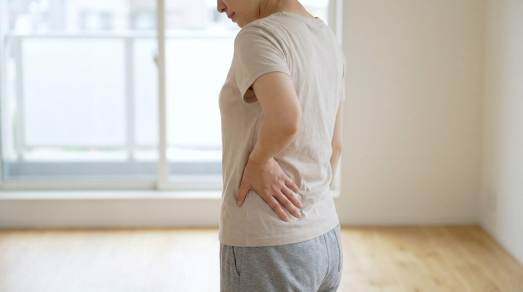 Femme de profil tenant son bas du dos ou son flanc gauche avec la main, le corps légèrement courbé, dans un intérieur lumineux.