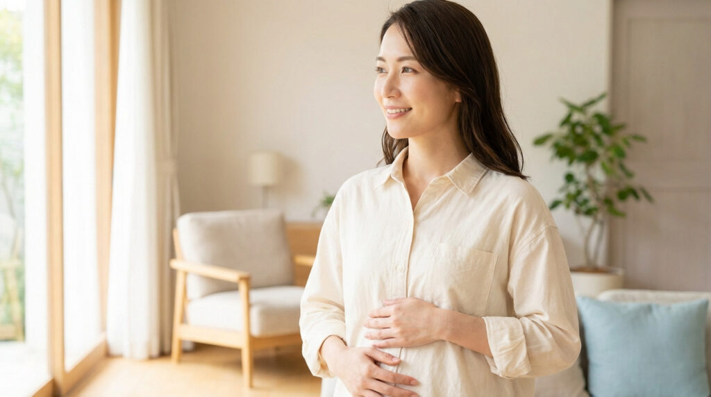 Femme asiatique souriante, les mains sur son ventre, regardant au loin dans un intérieur lumineux. Elle incarne l'espoir.