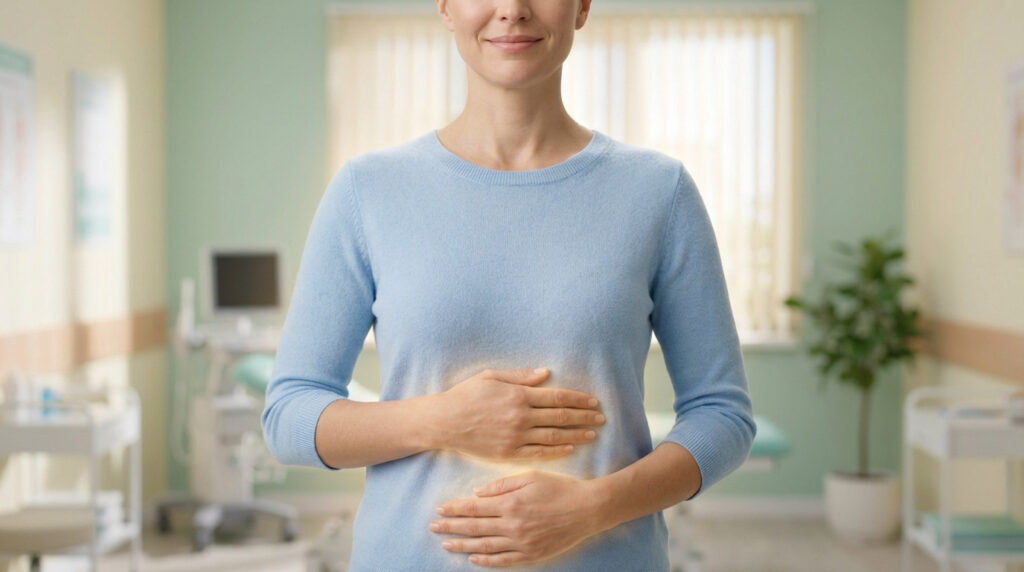 Femme en pull bleu clair, souriante, mains sur son bas-ventre avec une lumière, symbolisant bien-être ou soulagement dans un cabinet médical.