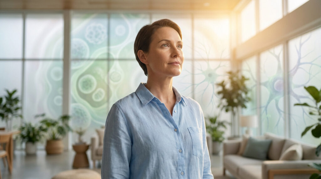 Femme au regard serein dans un intérieur lumineux. Fenêtres révélant des neurones et cellules, symbolisant l'espoir face à la SEP.