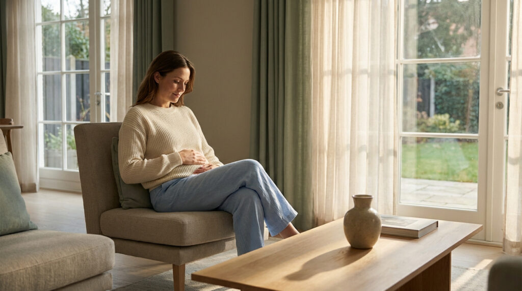 Femme assise dans un salon lumineux, les mains posées sur son ventre avec une expression pensive et sereine.