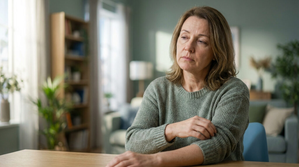 Femme d'âge mûr, l'air pensif et inquiet, assise à une table dans un salon lumineux, potentiellement affectée par la maladie.
