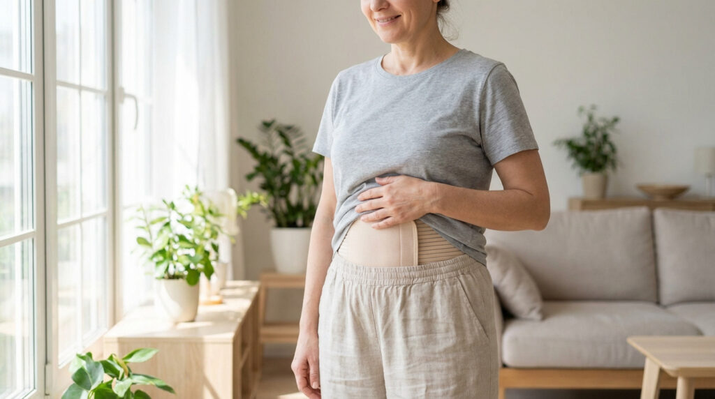 Femme souriante portant une ceinture de soutien abdominale post-hystérectomie, main sur le ventre, chez elle.