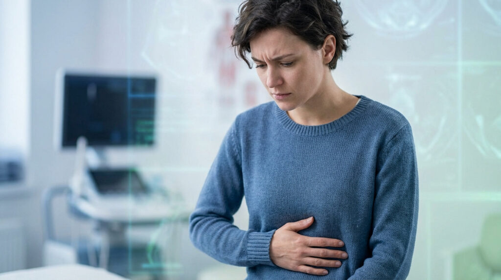 Femme aux cheveux courts, en pull bleu, tenant son ventre avec un visage crispé, dans un cabinet médical avec écran.