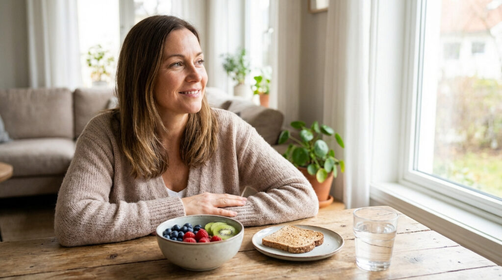 Femme souriante d'âge mûr devant un petit-déjeuner sain (fruits, pain grillé, eau) dans un salon lumineux.