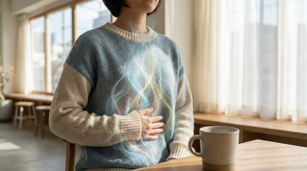Femme tenant son ventre, des ondes lumineuses colorées suggèrent des troubles digestifs ou cardiaques. Lumière douce.