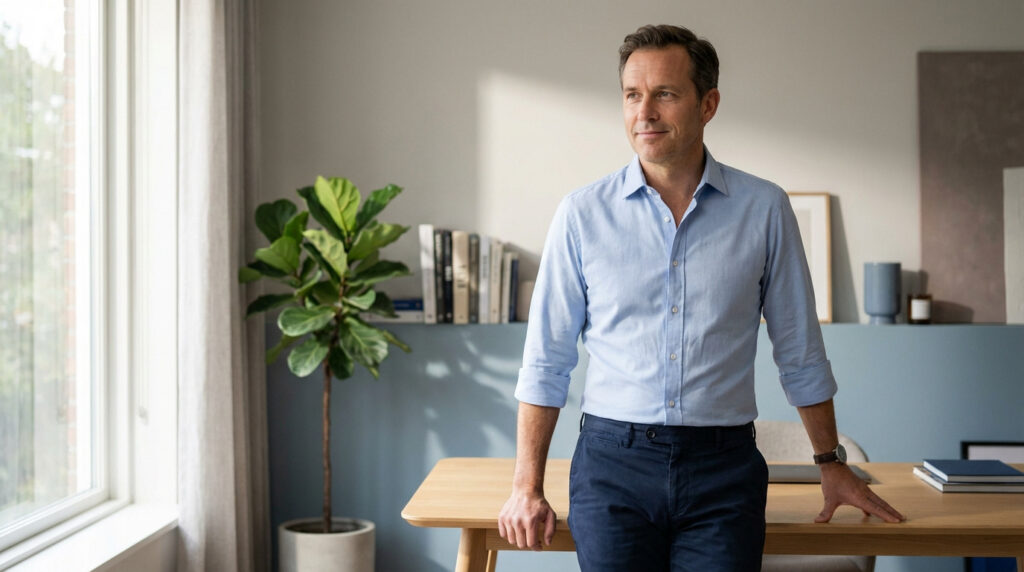 Homme d'âge moyen confiant, en chemise bleue, posant la main sur un bureau en bois dans un intérieur lumineux. Il représente la santé.