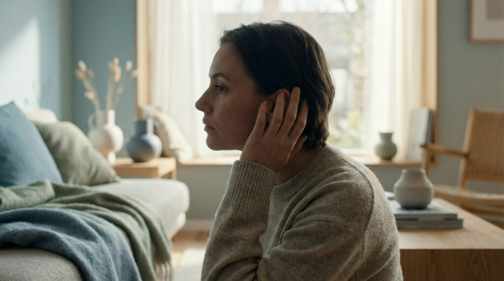Femme en pull beige, la main sur l'oreille, en profil, semblant réfléchir ou ressentir un inconfort auditif, dans un salon.