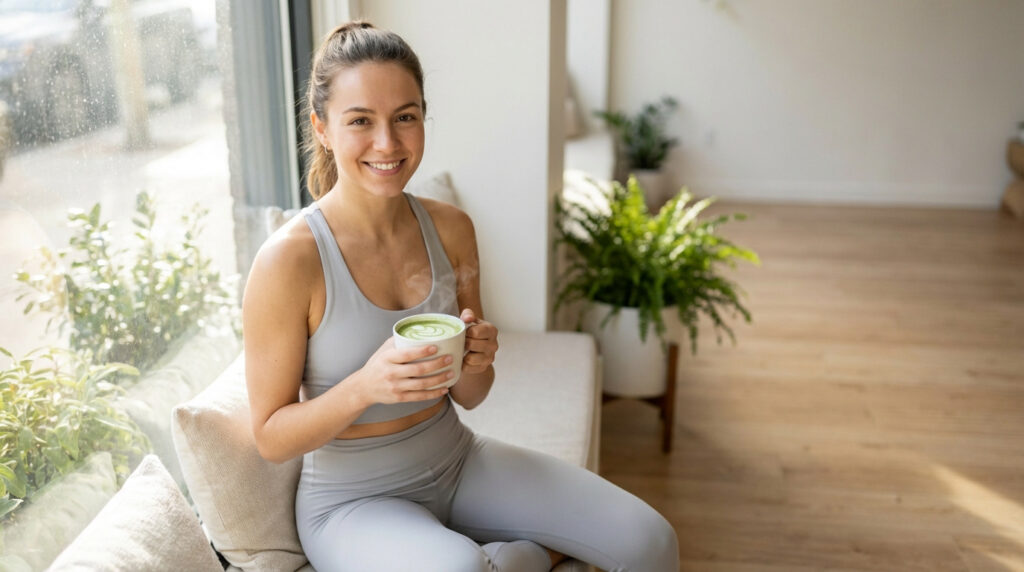 Jeune femme souriante en tenue de sport grise, assise près d'une fenêtre, tenant une tasse fumante de matcha. Plantes en arrière-plan.