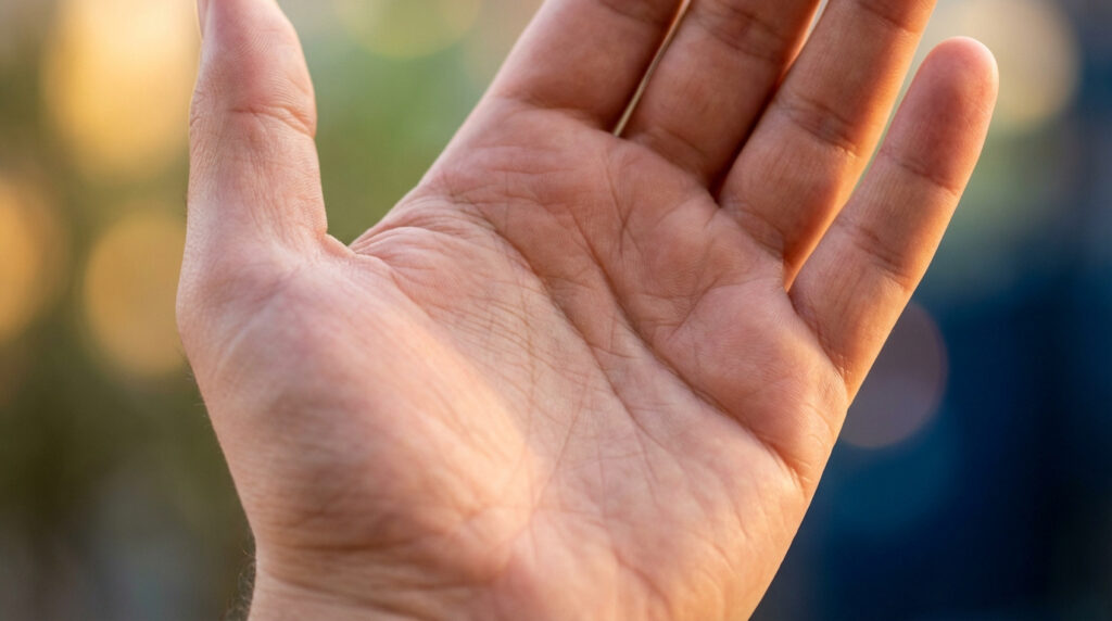 Gros plan détaillé d'une paume de main humaine ouverte, illuminée par une lumière naturelle chaude, avec des lignes cutanées visibles.