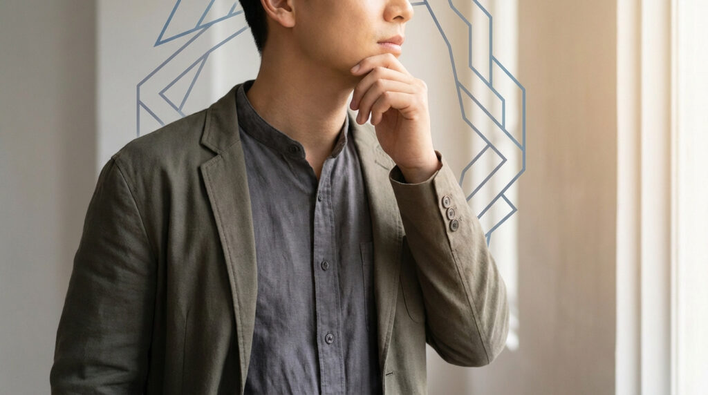 Homme asiatique pensif, main au menton, fond géométrique bleu. Représente la psychorigidité et la réflexion complexe.