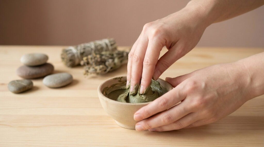 Mains mélangeant de l'argile verte dans un bol en bois sur une table claire. Pierres empilées et herbes séchées floues en arrière-plan.