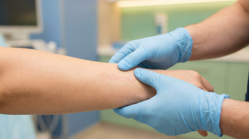 Professionnel de santé ganté examinant une cicatrice linéaire sur l'avant-bras d'un patient en milieu médical.