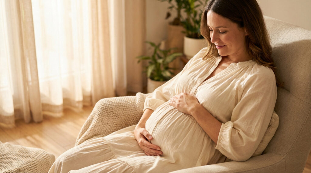 Femme enceinte aux cheveux bruns, vêtue d'une robe claire, assise et souriante, les mains sur son ventre arrondi. Lumière douce.