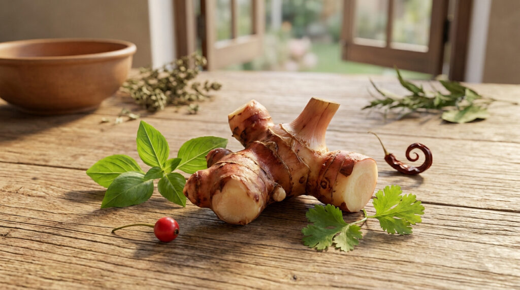Rhizome de galanga frais avec basilic, coriandre, piment et baies sur une table en bois, évoquant les remèdes naturels.