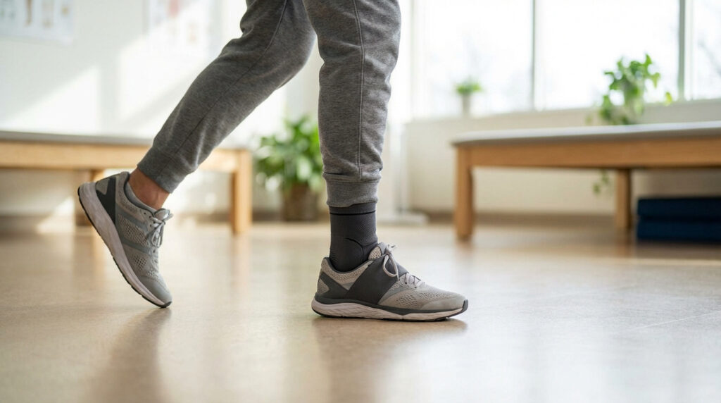 Jambes d'une personne en jogging gris et baskets, avec une chevillère sur la cheville droite, marchant sur un sol clair.