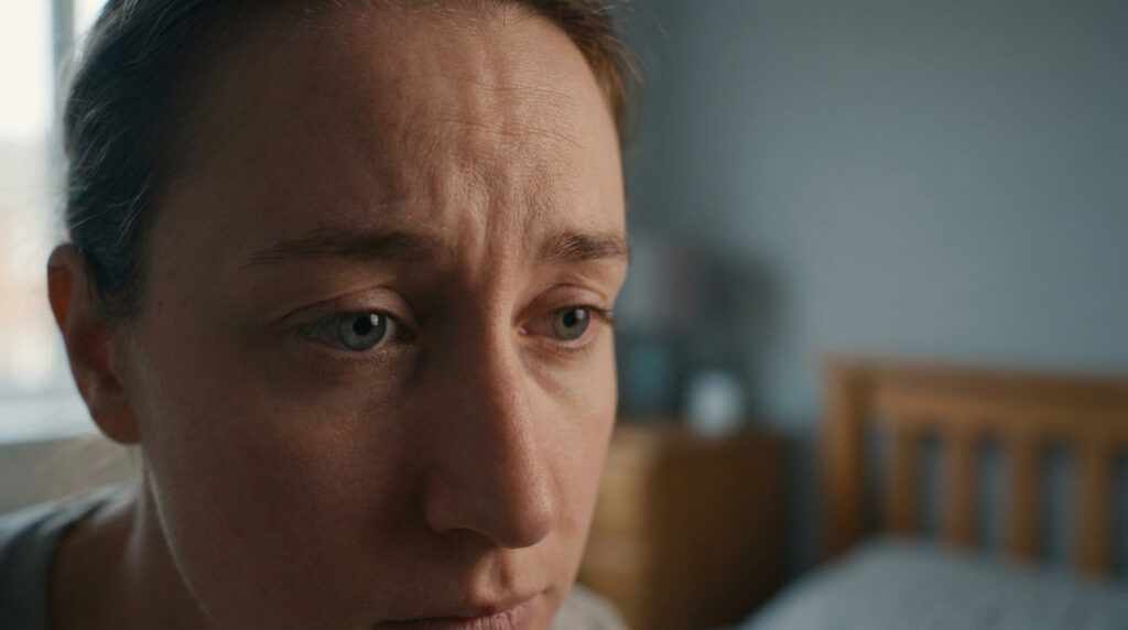 Gros plan sur une femme au regard inquiet et aux sourcils froncés, suggérant le stress. Ses pupilles semblent légèrement dilatées, avec un arrière-plan flou.