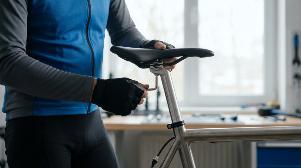 Un cycliste ajuste la hauteur et l'inclinaison de sa selle de vélo avec une clé Allen pour améliorer le confort.