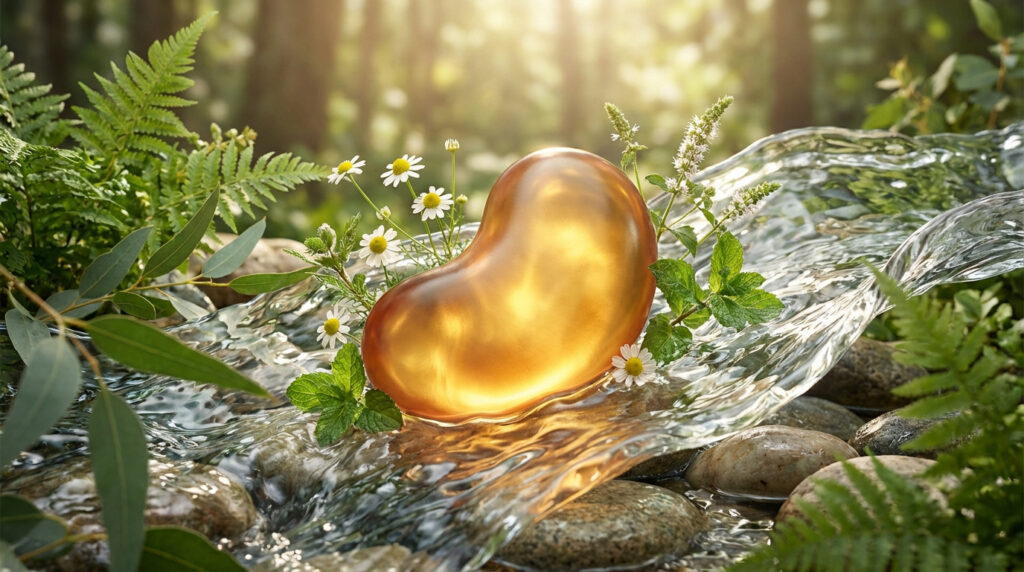 Image d'un rein doré symbolique baigné par un ruisseau, entouré de fougères, menthe et camomille sous un soleil doux.