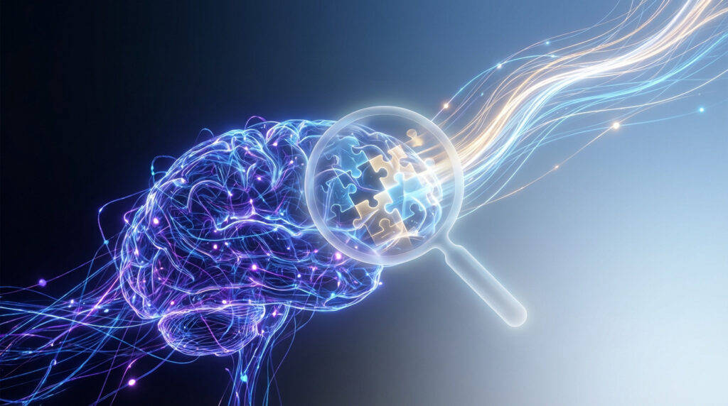 Cerveau numérique lumineux avec loupe sur des pièces de puzzle, symbolisant la recherche des signes de dyslexie adulte.