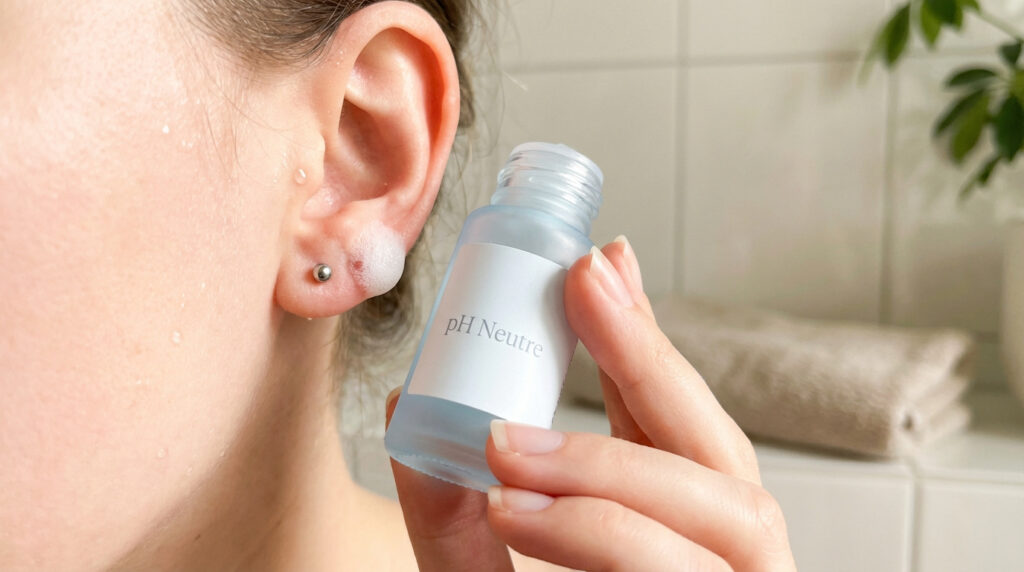 Gros plan d'une oreille avec un piercing nettoyé au savon pH neutre. Une main tient la bouteille du produit de soin.