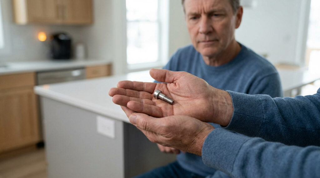 Dans une cuisine, un homme observe une vis de cicatrisation métallique tenue dans des mains au premier plan, l'air préoccupé.