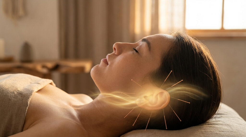 Gros plan d'une femme détendue avec des aiguilles d'acupuncture insérées autour de l'oreille et un halo lumineux symbolisant le soulagement.